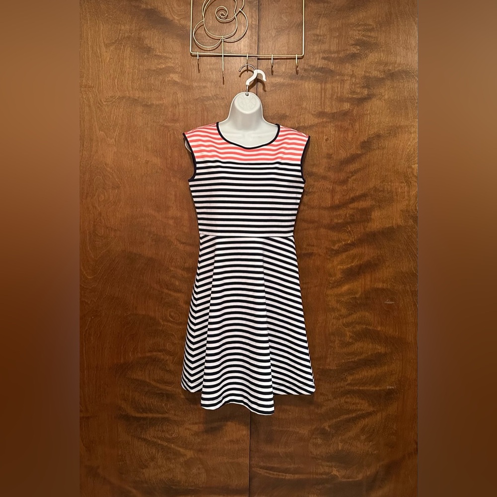 Draper James Sleeveless Ponte Knit A-Line Dress Womens S Navy & Coral Stripes